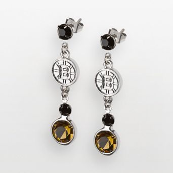 LogoArt Boston Bruins Silver Tone Crystal Logo Linear Drop Earrings