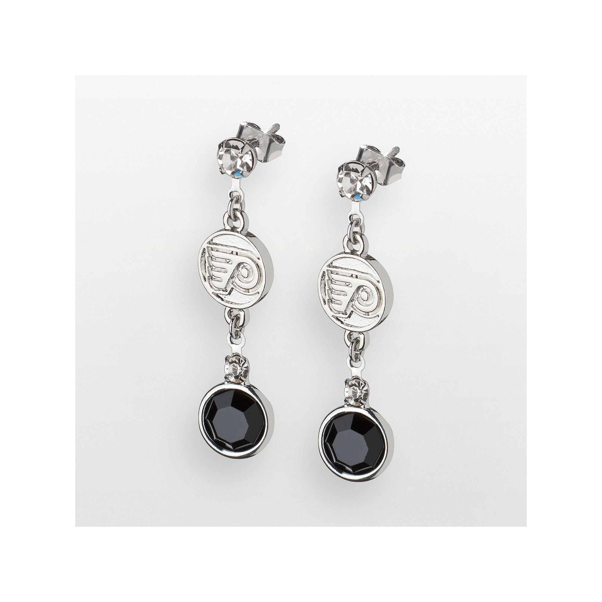 LogoArt Philadelphia Flyers Silver Tone Crystal Logo Linear Drop Earrings, 