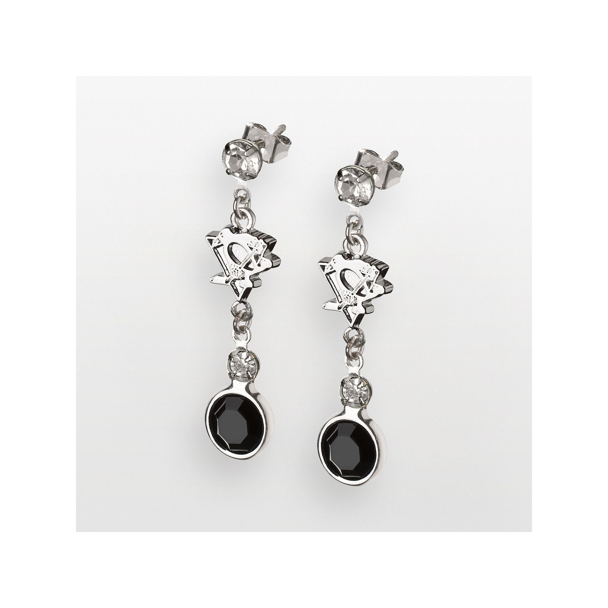 LogoArt Pittsburgh Penguins Silver Tone Crystal Logo Linear Drop Earrings, 