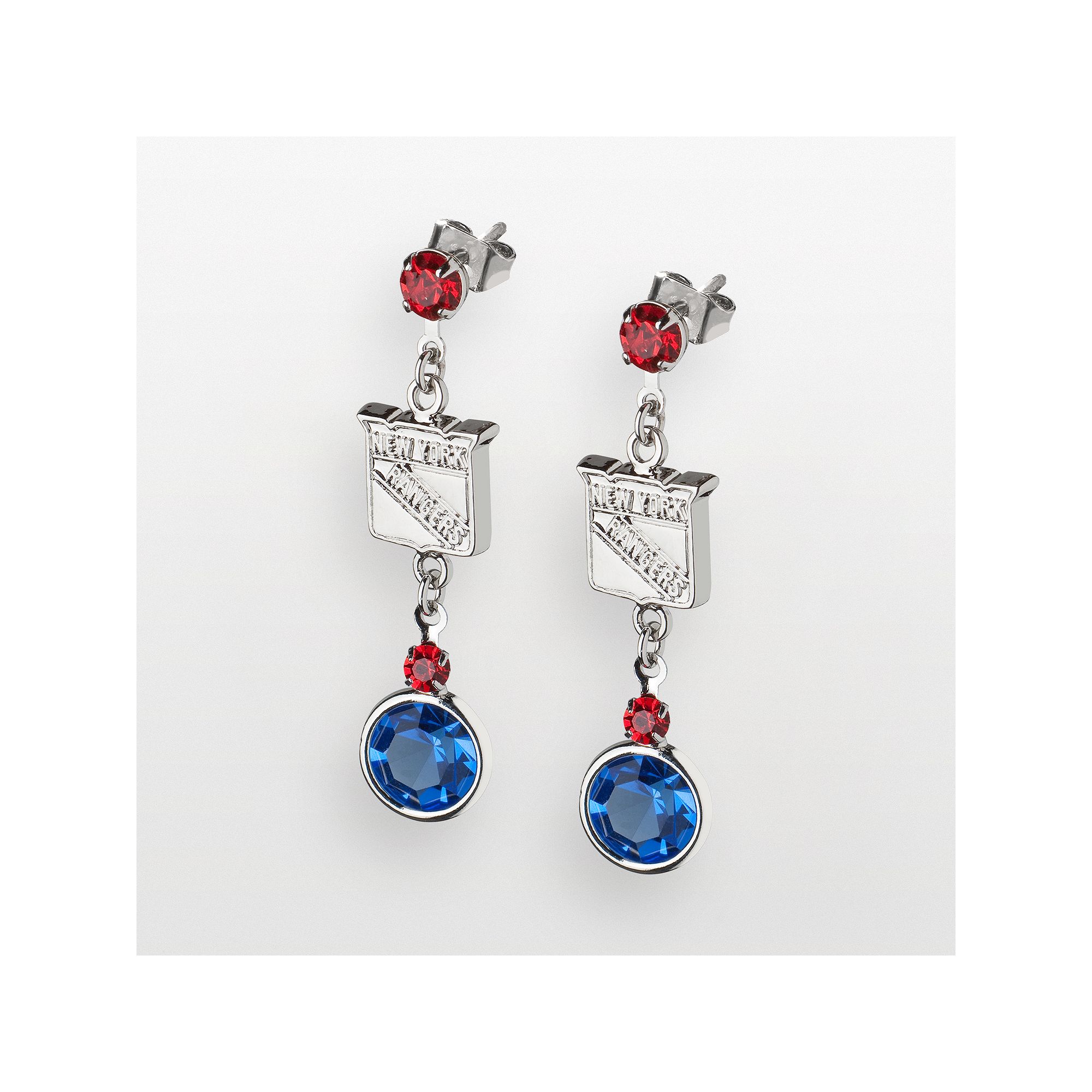 LogoArt New York Rangers Silver Tone Crystal Logo Linear Drop Earrings, Wom