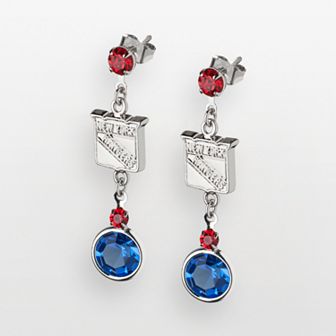 LogoArt New York Rangers Silver Tone Crystal Logo Linear Drop Earrings