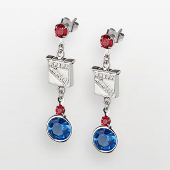 LogoArt New York Rangers Silver Tone Crystal Logo Linear Drop Earrings