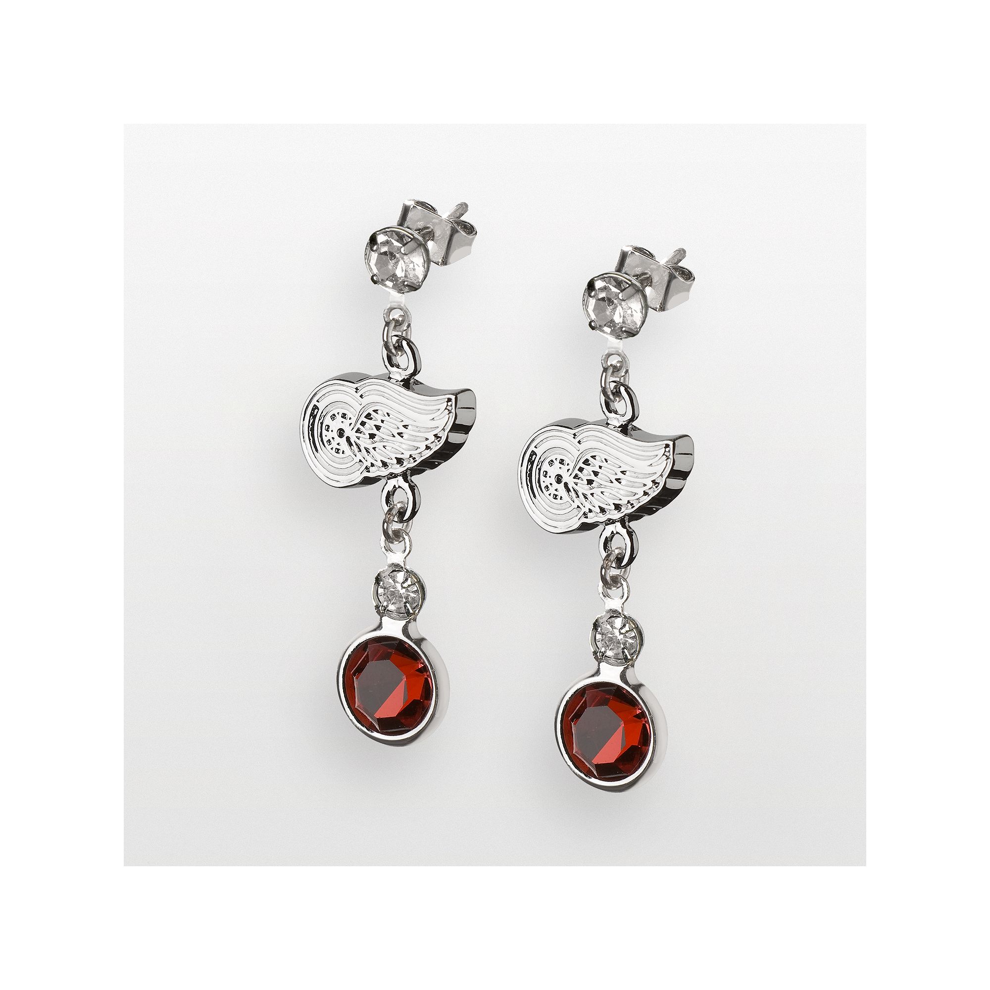 LogoArt Detroit Red Wings Silver Tone Crystal Logo Linear Drop Earrings, Wo