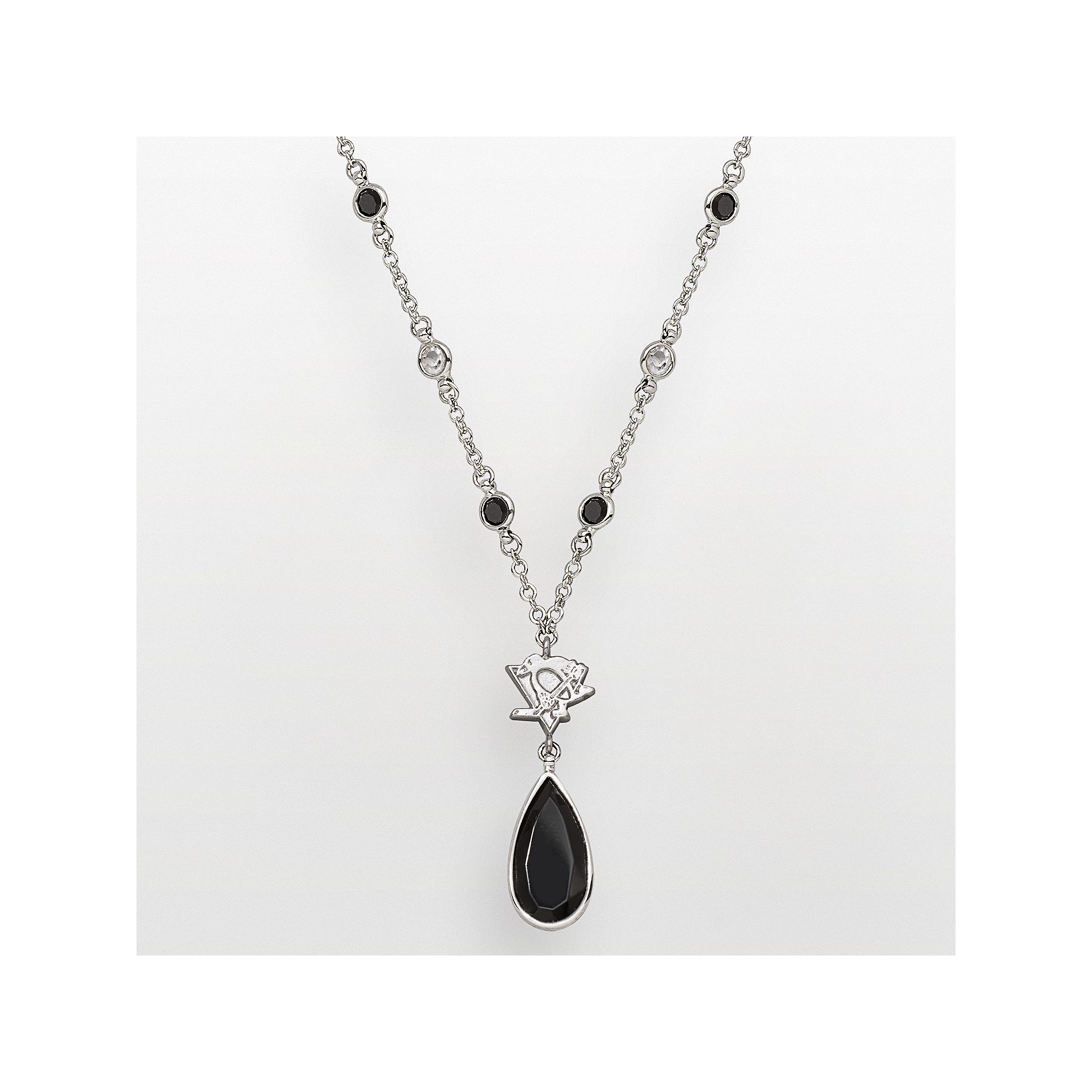 LogoArt Pittsburgh Penguins Silver Tone Crystal Logo Teardrop Y Necklace, W