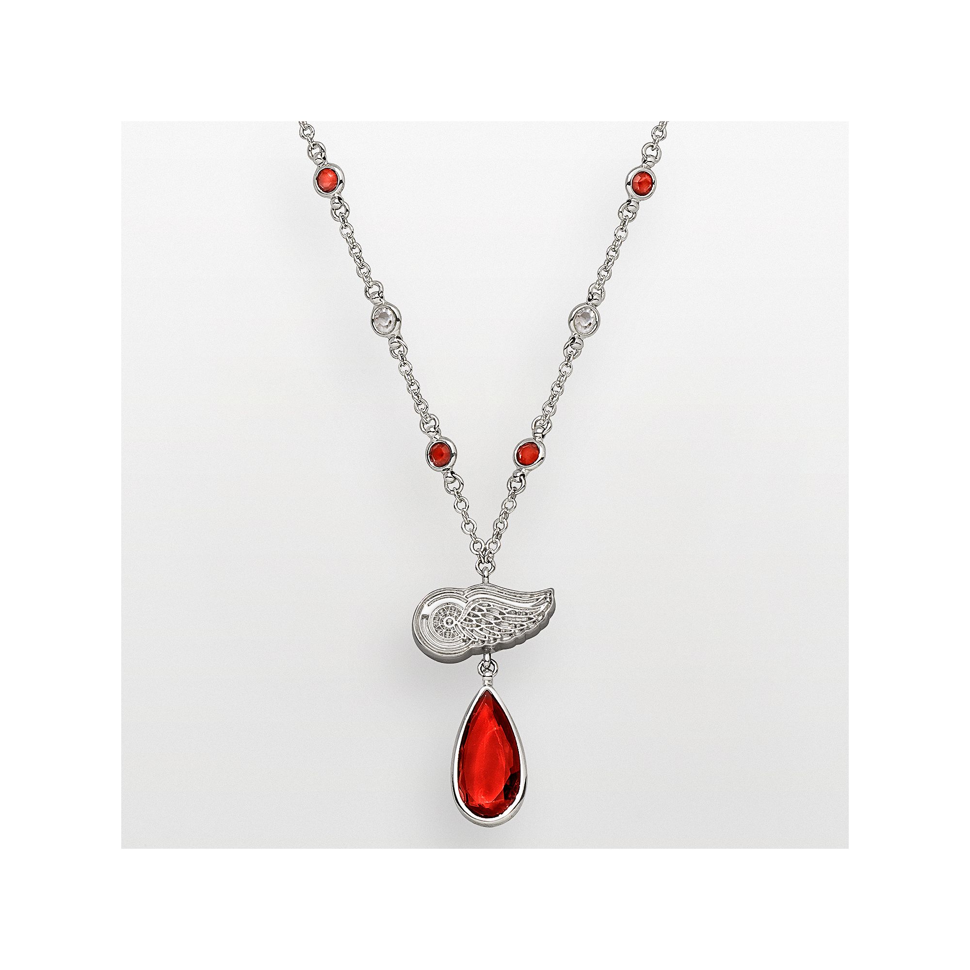 LogoArt Detroit Red Wings Silver Tone Crystal Logo Teardrop Y Necklace, Wom