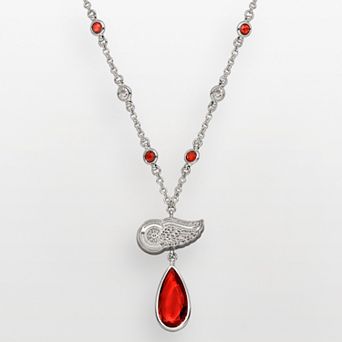 LogoArt Detroit Red Wings Silver Tone Crystal Logo Teardrop Y Necklace