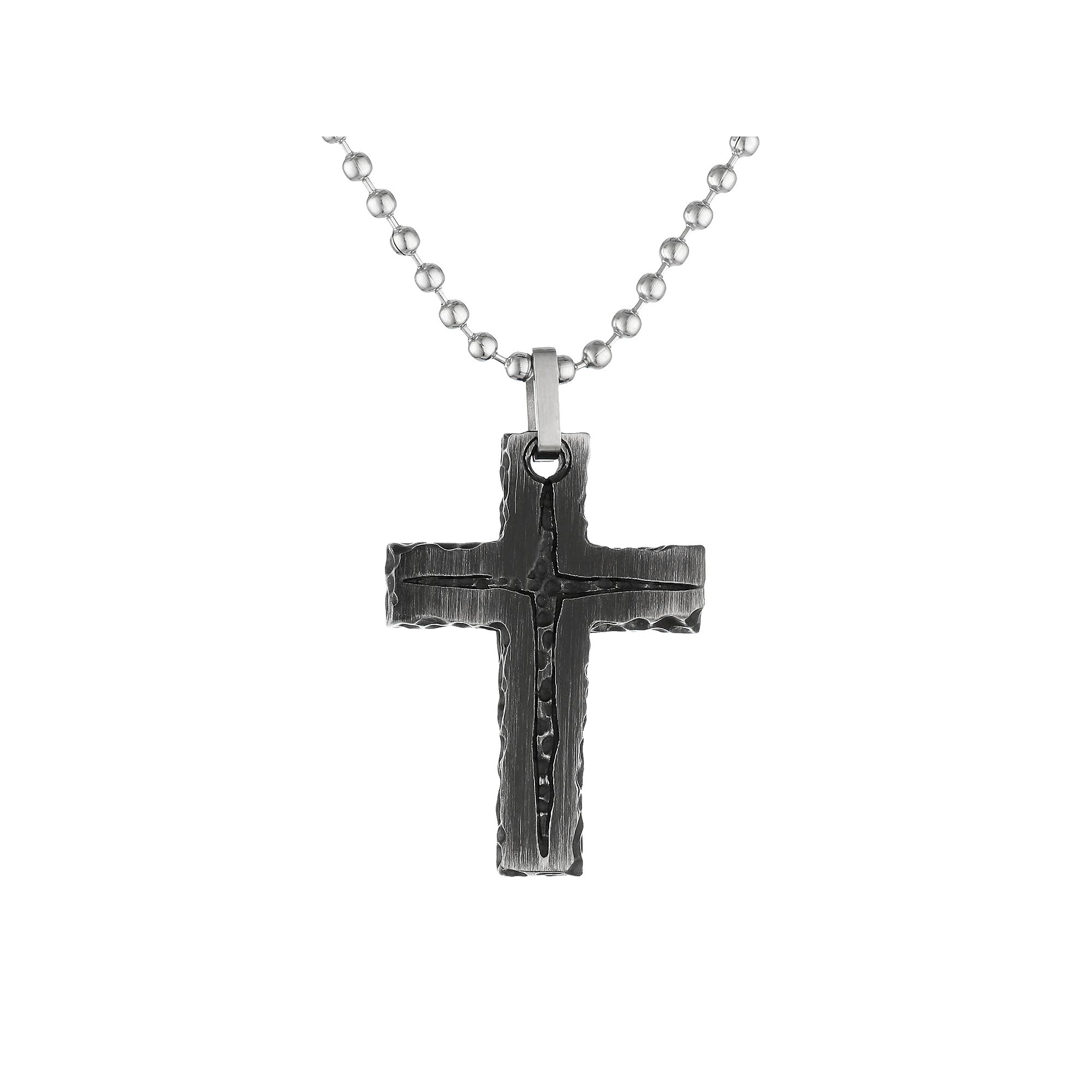 LYNX Black Ion-Plated Stainless Steel Textured Cross Pendant Necklace - Me