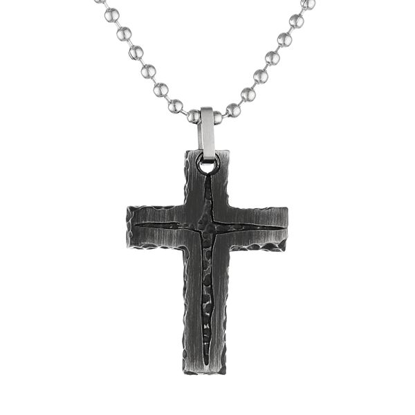 LYNX Black Ion-Plated Stainless Steel Textured Cross Pendant Necklace - Men