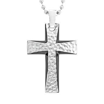 LYNX Stainless Steel Black Ion Hammered Cross Pendant - Men