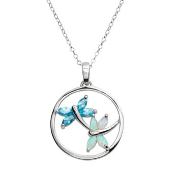 Jewelry for Trees Platinum Over Silver Cubic Zirconia & Lab-Created Opal Dragonfly Pendant