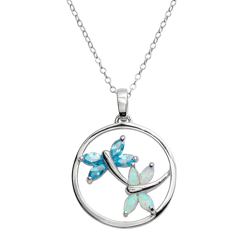 Jewelry for Trees Platinum Over Silver Cubic Zirconia & Lab-Created Opal Dragonfly Pendant, Women's