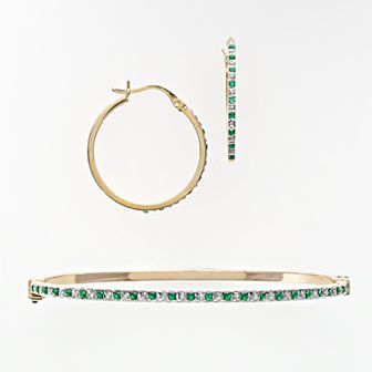 18k Gold Over Silver Emerald and Diamond Accent Bracelet and Earring Set