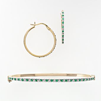 18k Gold Over Silver Emerald and Diamond Accent Bracelet and Earring Set