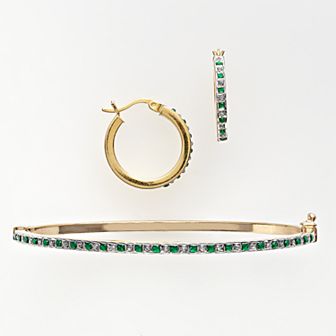 18k Gold Over Silver Emerald & Diamond Accent Bangle Bracelet & Hoop Earring Set
