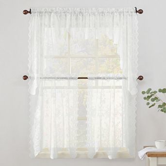 No918 Alison Floral Lace Sheer Swag Tier Kitchen Window Curtains