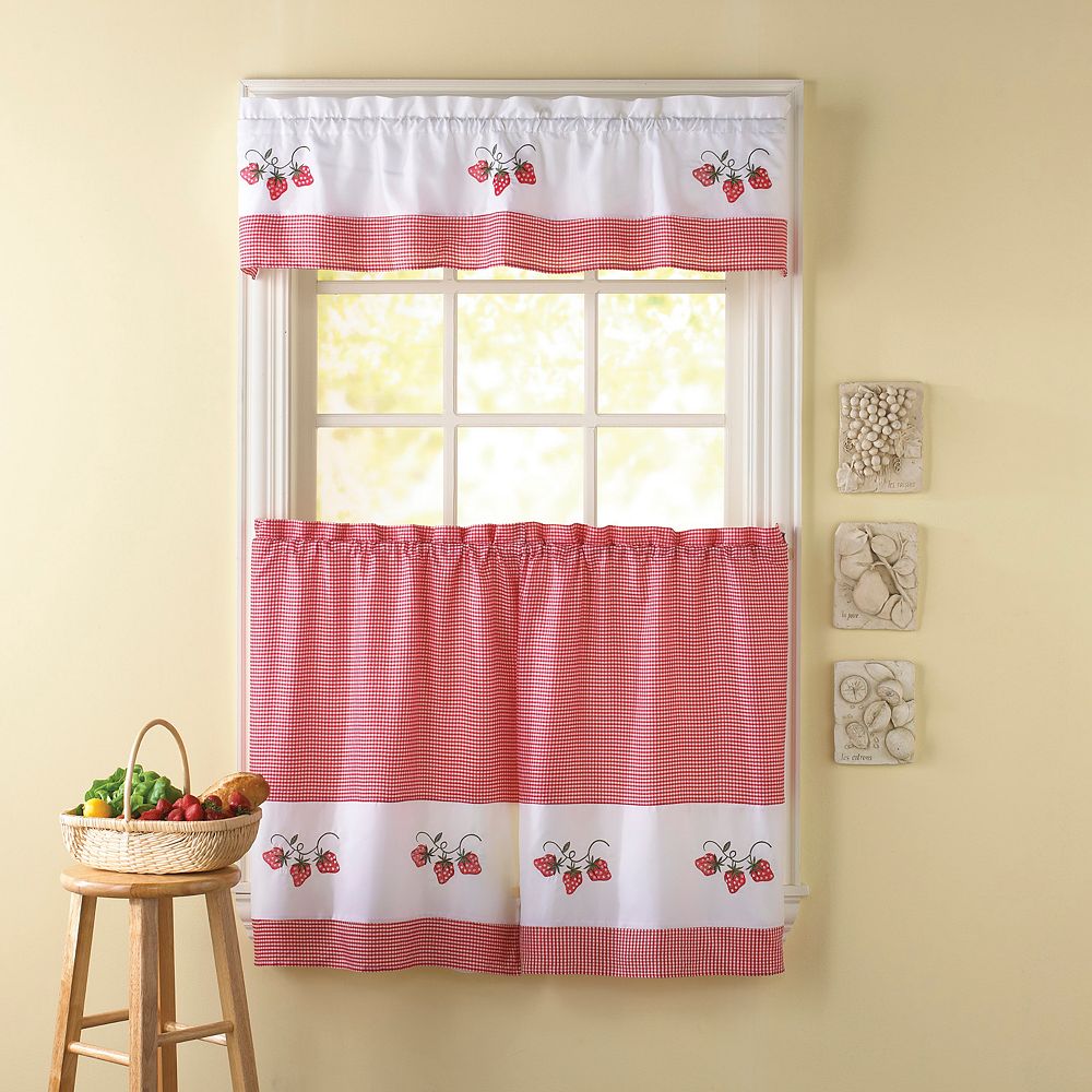 CHF Strawberry Gingham Tailored Tier Kitchen Window Curtains
