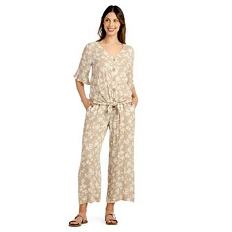 Women's AB Studio Tie-Front Elastic Waistband Cropped Pants & Button-Front Top Matching Set