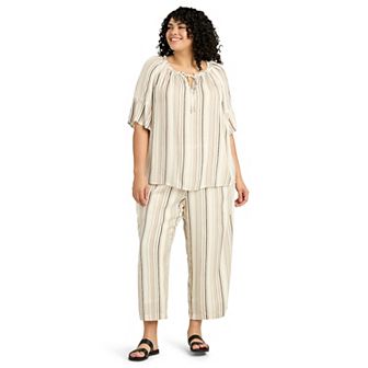 Plus Size AB Studio Wide Leg Striped Cropped Pants & Tie-Neck Top Matching Set