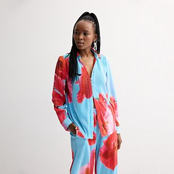 Women's INTEMPO™ Plisse Print Button Front Shirt & Pants Matching Set