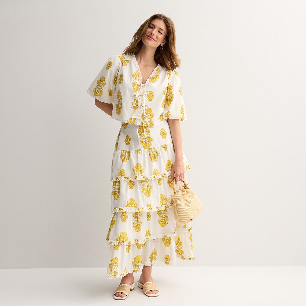 Floral Tie Shoulder Top And Tiered Maxi Skirt Set