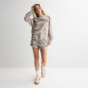 Juniors' Threads of Luxx Camo Print Cargo Shorts & Graphic Crew Matching Set