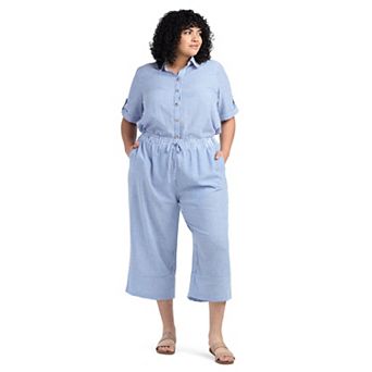 Plus Size AB Studio Wide Leg Crop Pants & Armhole Collared Front Tie Hem Shirt Matching Set