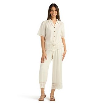 Women's AB Studio Linen Blend Wide Leg Lace Hem Pants & Lace Trim Button Front Top Matching Set