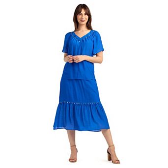 Women's AB Studio Crochet Trim Hem Skirt & Flutter Lace Trim V-Neck Top Matching Set