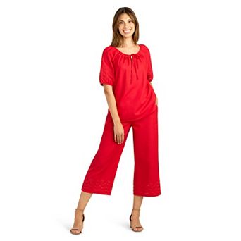 Women's AB Studio Cutout Embroidery Peasant Top & Hem Pull-On Crop Pants Matching Separates