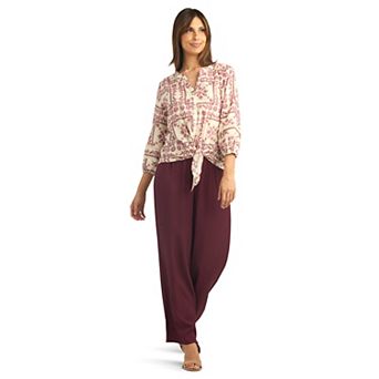 Women's AB Studio Blousant Sleeve Tie Front Peasant Top & Wide Leg Pull-On Tie Front Pants Matching Separates