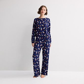 Juniors' Peanuts Snoopy & Woodstock Christmas Allover Print Pajama Top & Pajama Bottoms Matching Separates