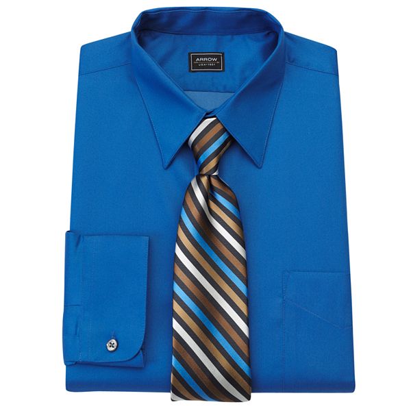 Arrow Fitted Sateen Dress Shirt & Striped Tie Separates - Men