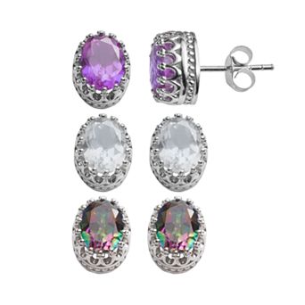 Sterling Silver Gemstone Oval Crown Stud Earrings