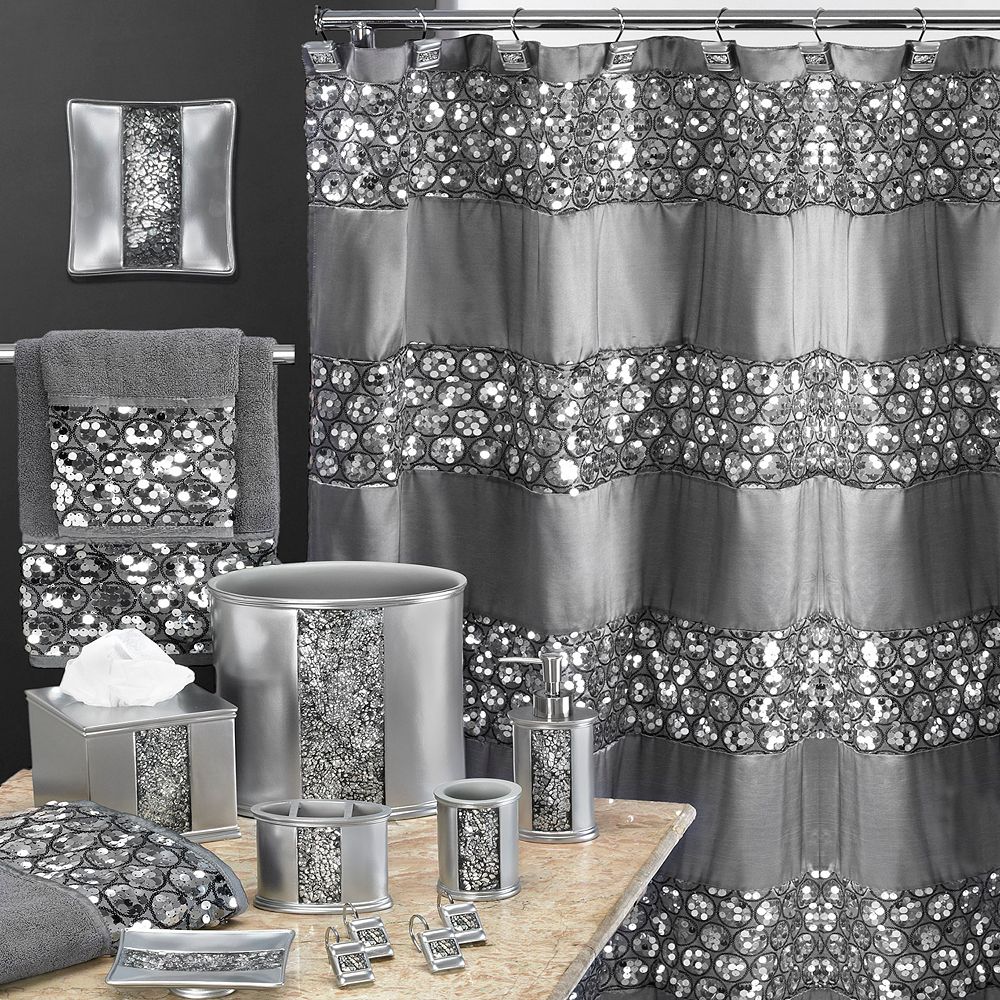 Black & Silver Bath  Black shower curtains, Black and silver bathroom,  Shower curtain decor