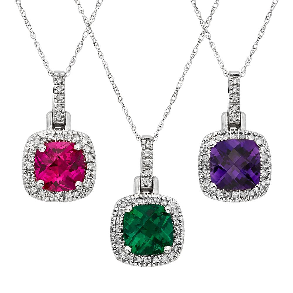 Gemstone & 1/8 Carat T.W. Diamond 10k White Gold Halo Pendant Necklace