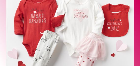 Baby clothes with valentines day slogans and graphics