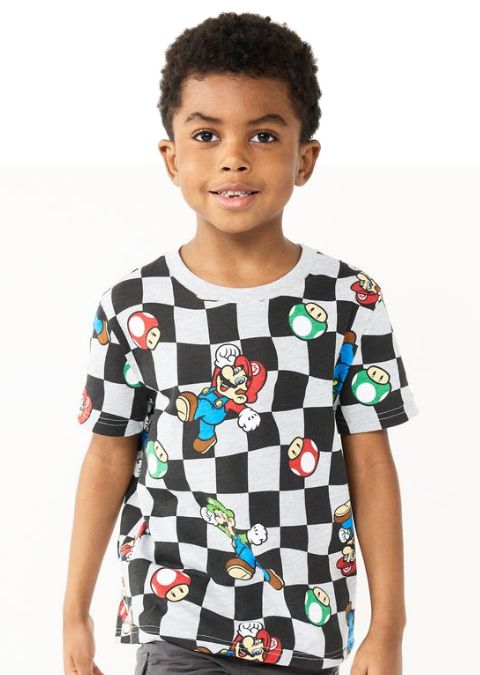 Boy wearing mario pattern tee