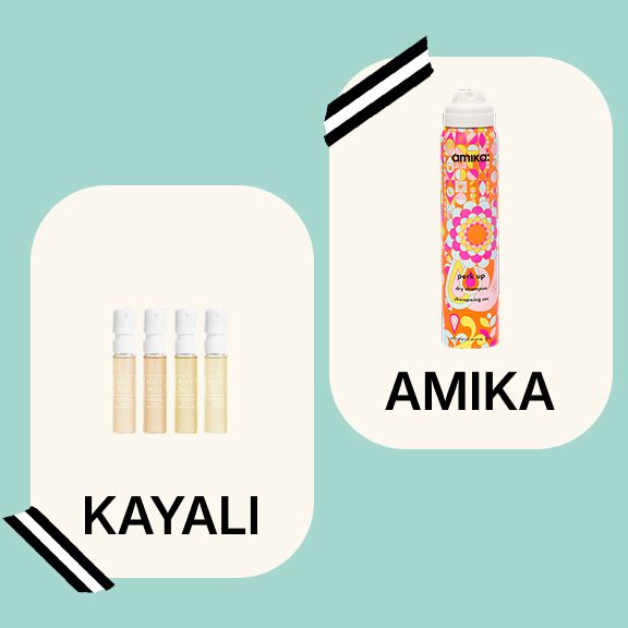 Fragrance Discover Set by Kayali. Volumizing Dry Shampoo by Amika. 16-Hour Setting Spray  by ONE/SIZE BY PATRICK STARRR.