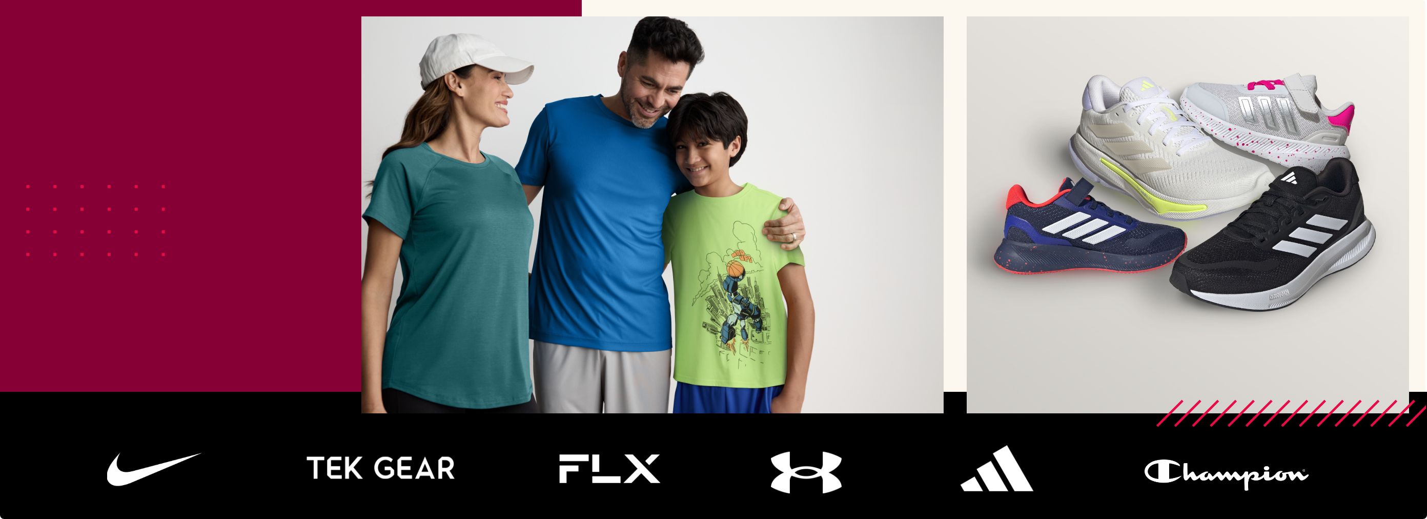Nike logo, Tek Gear logo, FlX logo, Under Armour logo, adidas logo, Champion logo