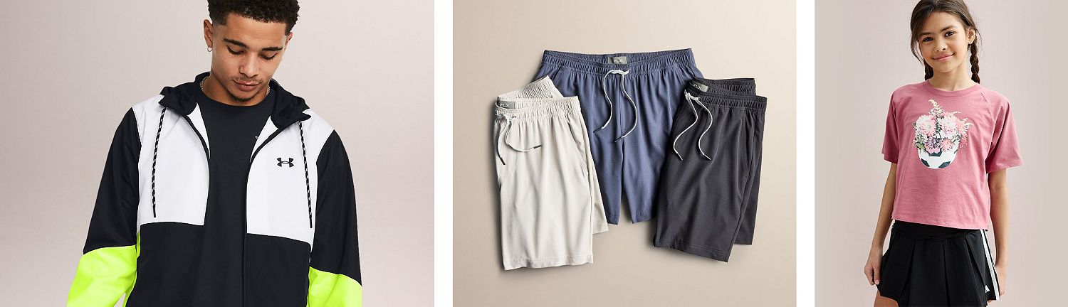 Under Armour men's colorblock zip-up jacket, workout shorts, girls adidas soccer tee and tennis skirt