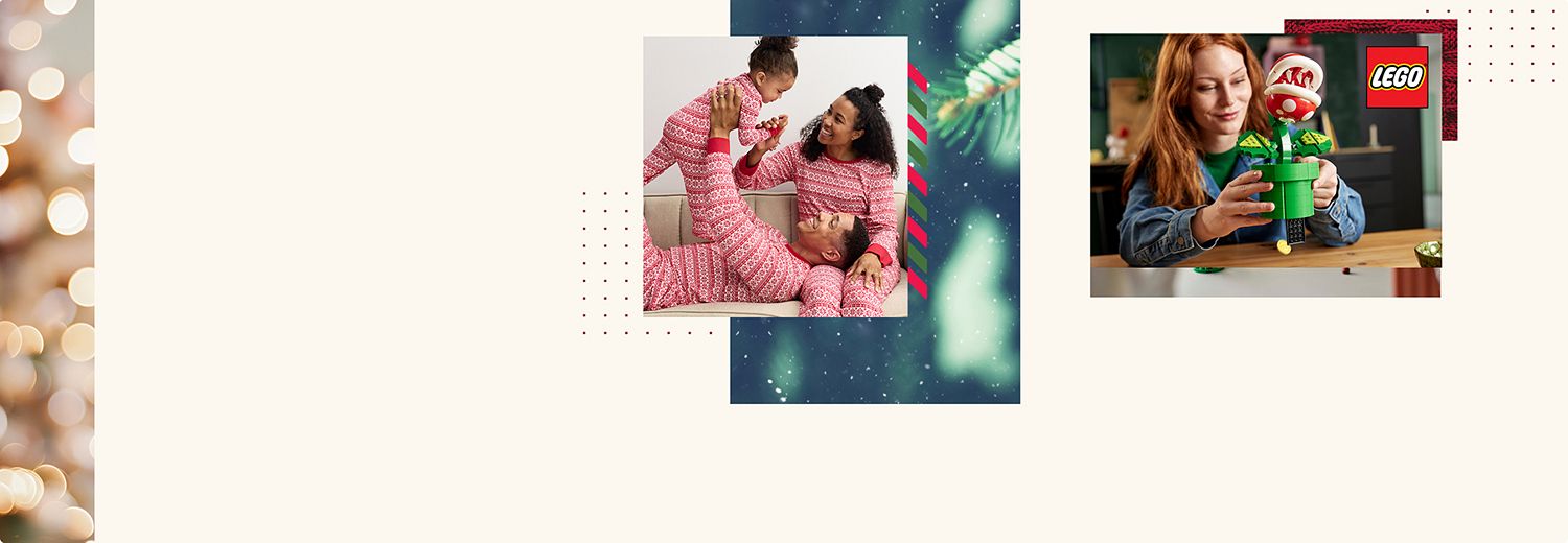 family wearing matching pajamas, woman building Super Mario Piranha Plant LEGO set
