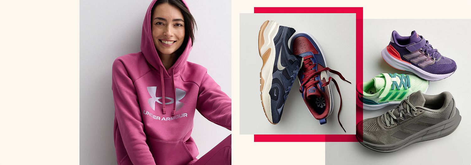 Person wearing Uner Armour hoodie. An assortment of sneakers.
