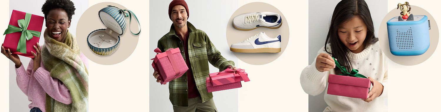 festive present boxes with jewelry, Nike sneakers, Tonies speaker