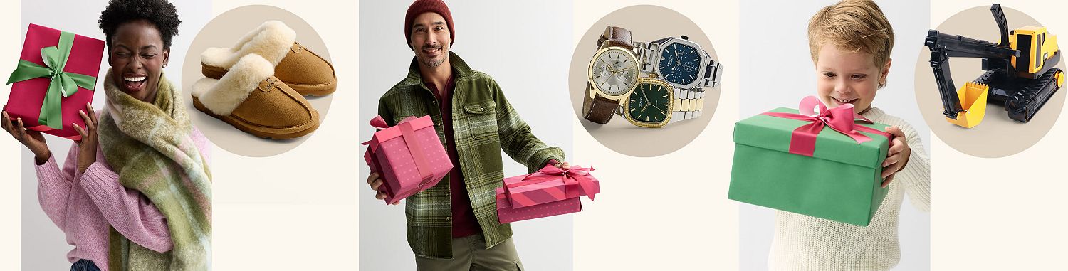 festive present boxes with jewelry, Nike sneakers, Tonies speaker