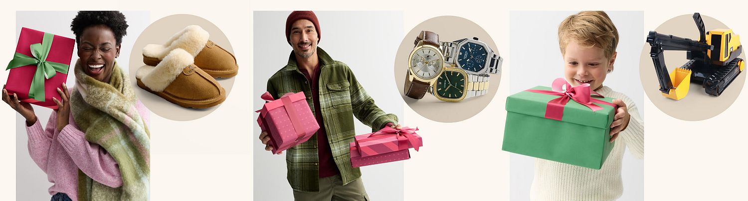 festive present boxes with jewelry, Nike sneakers, Tonies speaker