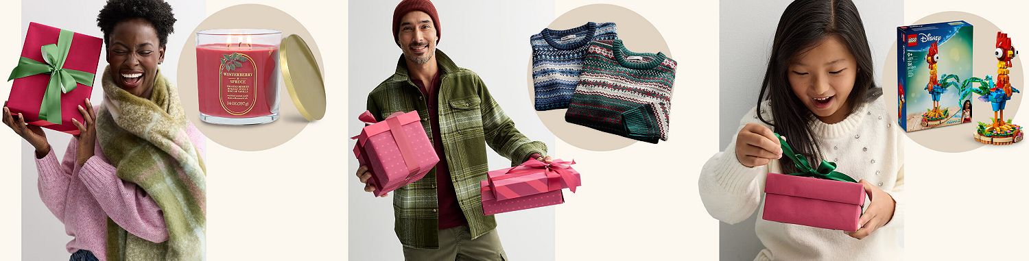 festive present boxes with jewelry, Nike sneakers, Tonies speaker