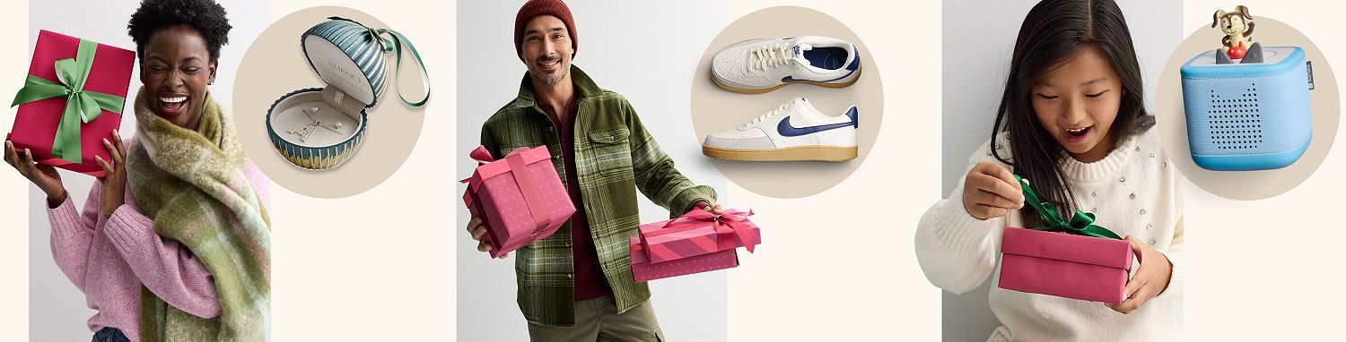 festive present boxes with jewelry, Nike sneakers, Tonies speaker