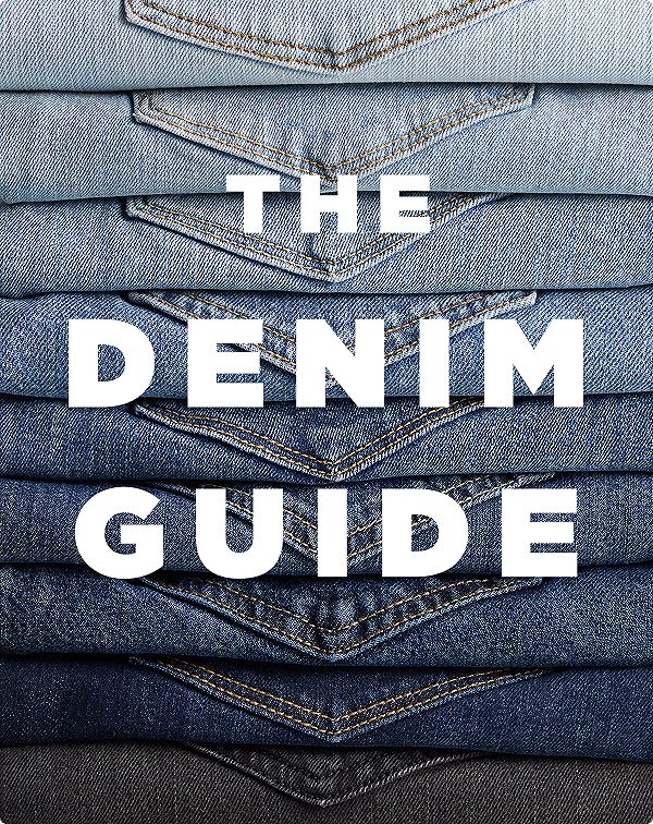Stack of jeans with words THE DENIM GUIDE