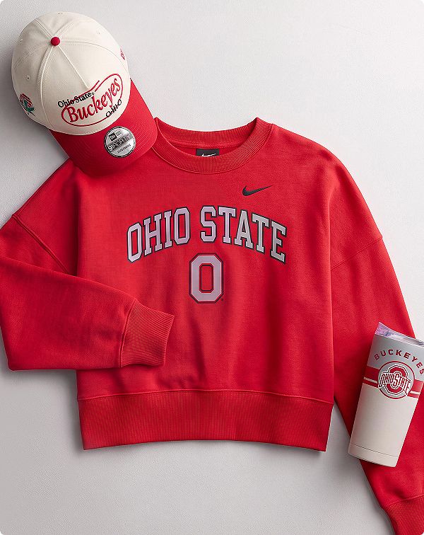 Ohio State sweatshirt, baseball cap, and cup