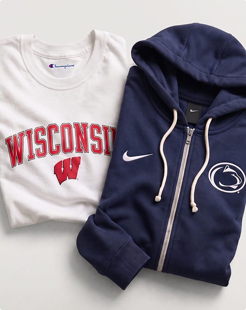 white  Wisconsin badgers shirt and blue Penn State Nittany Lions zip hoodie